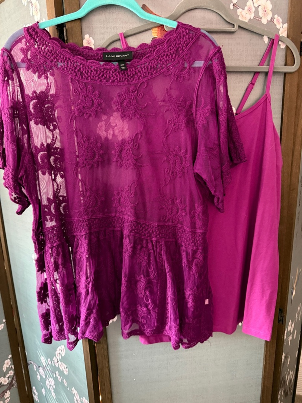 Lane Bryant Magenta Lace Overlay Top with Matching Cami